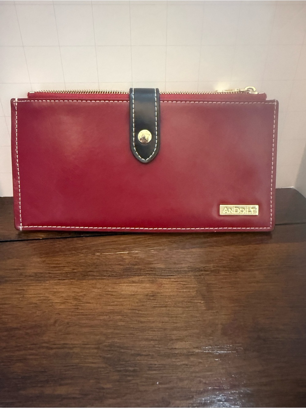 Andoilt Red Leather Double Zip Wallet with Black Snap Strap